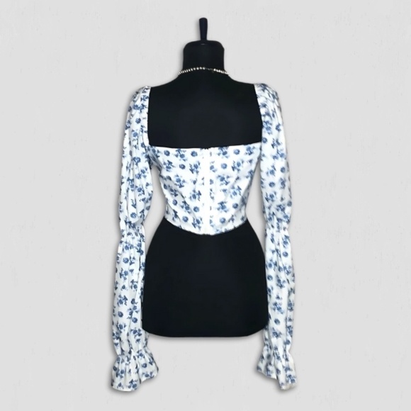 Vintage Y2K boho Cropped Top Tie Front Trumpet Sleeves Floral Blue & White M - Picture 4 of 13